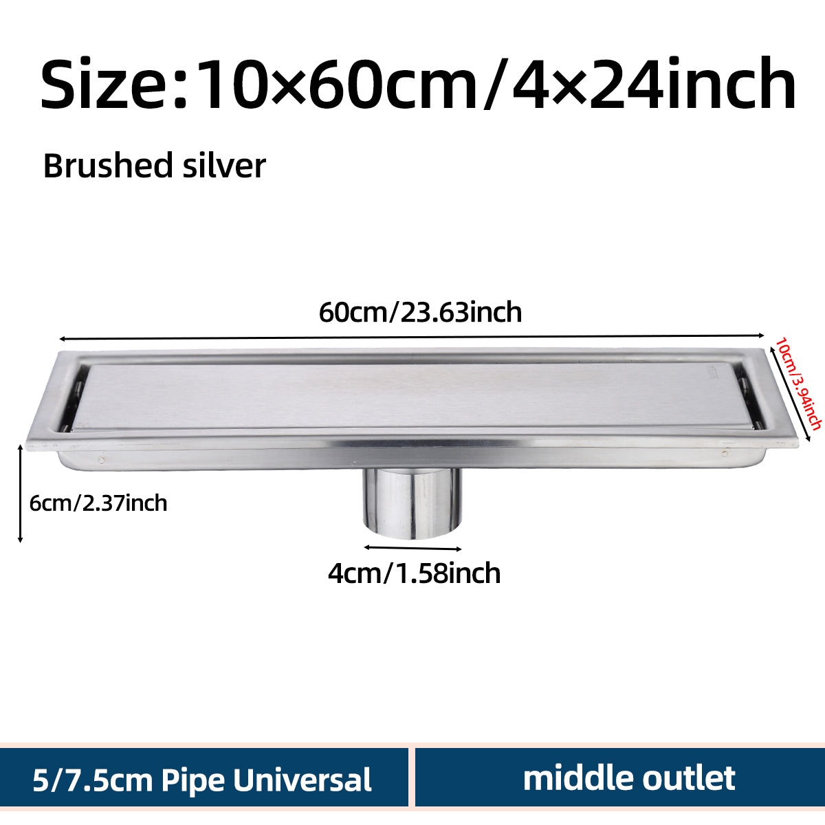 8-24" Invisible Stainless Steel Floor Drain – Rectangular, Bathroom Linear Shower Drain