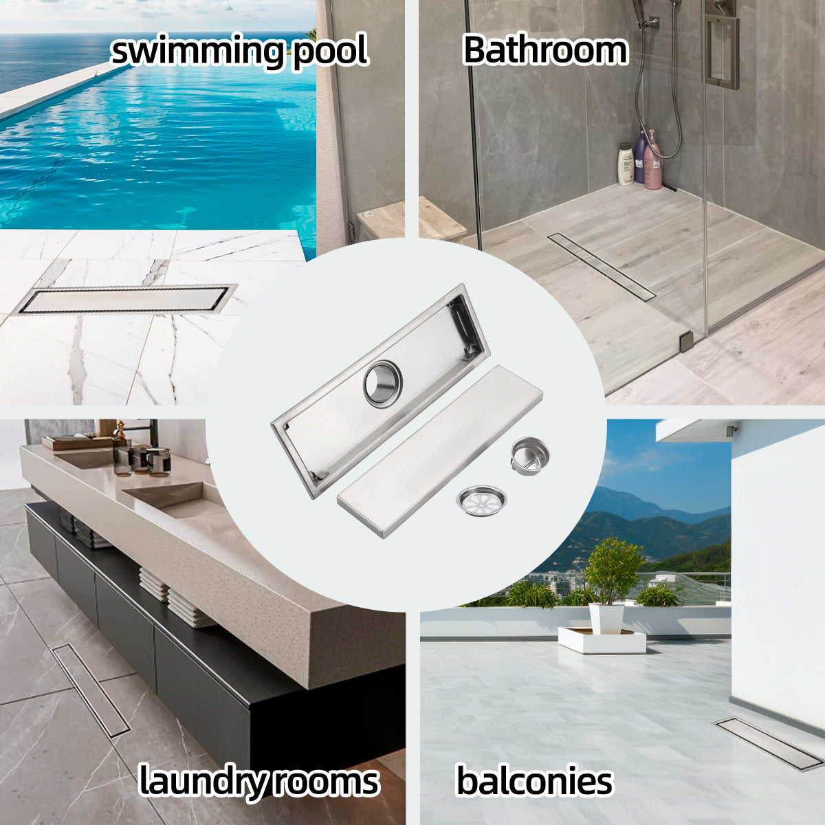 8-24" Invisible Stainless Steel Floor Drain – Rectangular, Bathroom Linear Shower Drain