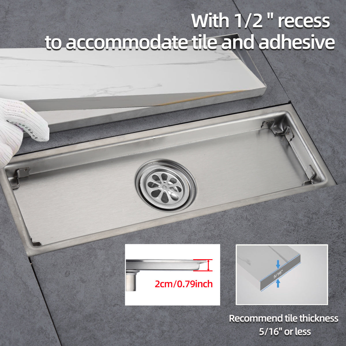 8-24" Invisible Stainless Steel Floor Drain – Rectangular, Bathroom Linear Shower Drain